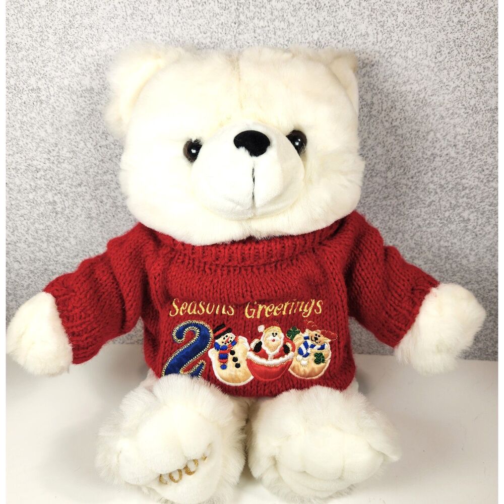 Vintage 2000 Christmas Teddy Bear Plush White Polar Knit Embroidered Sweater